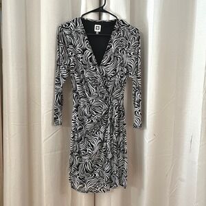 Anne Klein Faux Wrap Dress Womens Small LS Black White Zebra Swirl Mesh Mob WIfe